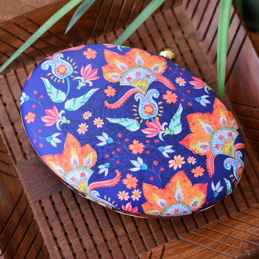 Oval BLUE printed fabric box clutch