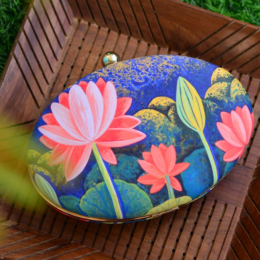 Oval LOTUS printed fabric box clutch