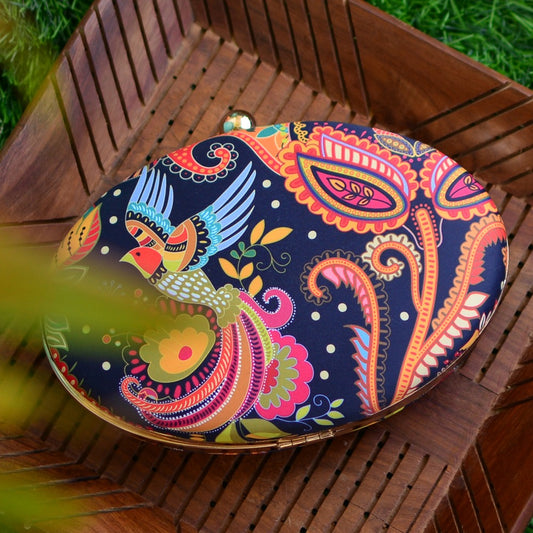 Oval printed fabric box clutch