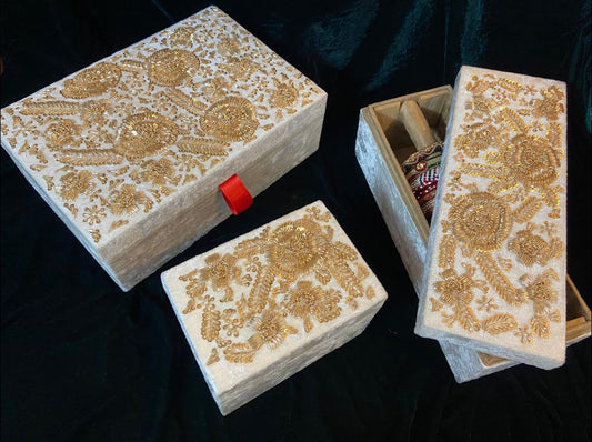 White bangle cum jewellery box with golden embroidery work