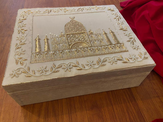 White velvet double rod bangle cum jewellery box with golden TAJ MAHAL embroidery work