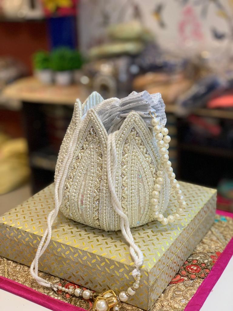 White pearl kalash shape potli bag