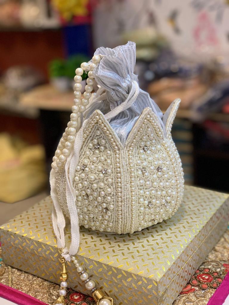 Indian Royal white Handcrafted pearl beaded clutch potli bag, Embroidered  Potli | eBay