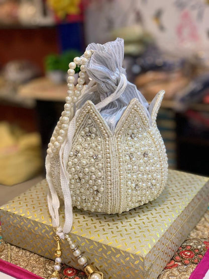 White pearl kalash shape potli bag