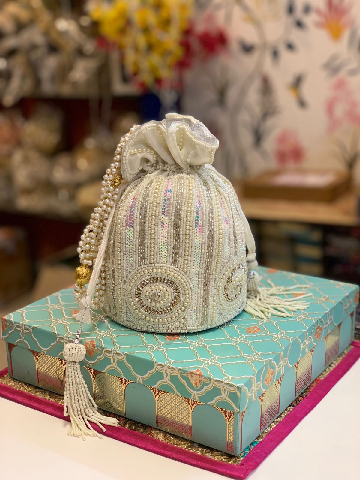 White pearl work potli bag