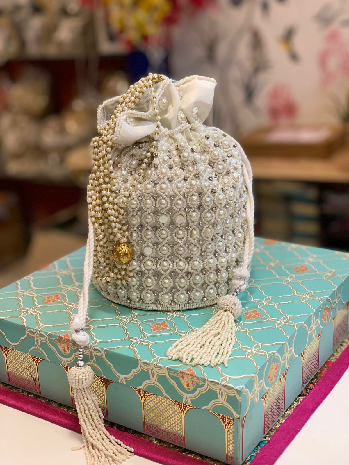 White pearl work potli bag