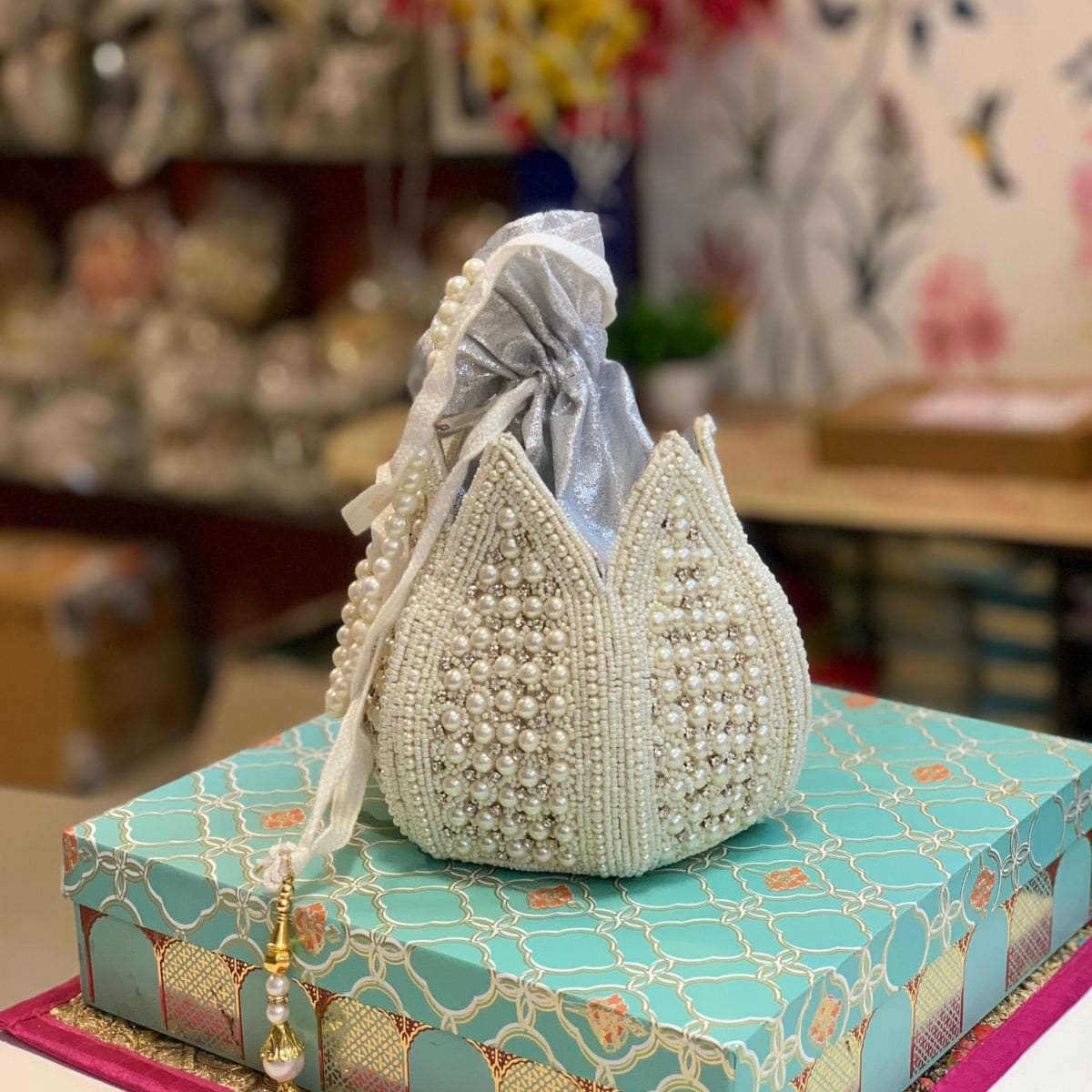 White pearl kalash shape potli bag