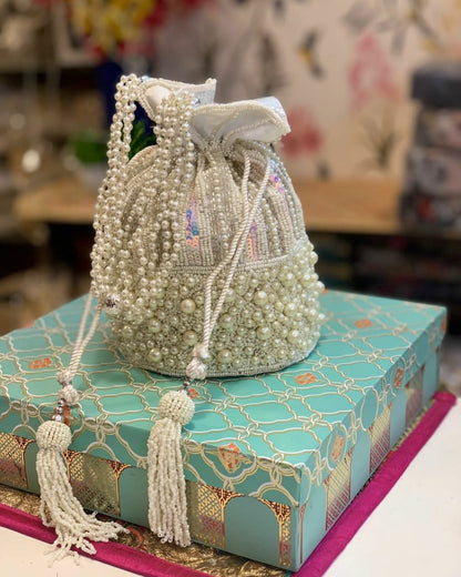 White pearl work potli bag