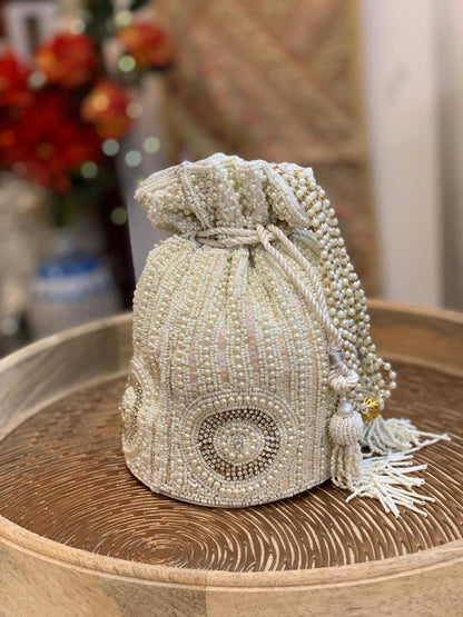 White pearl work potli bag