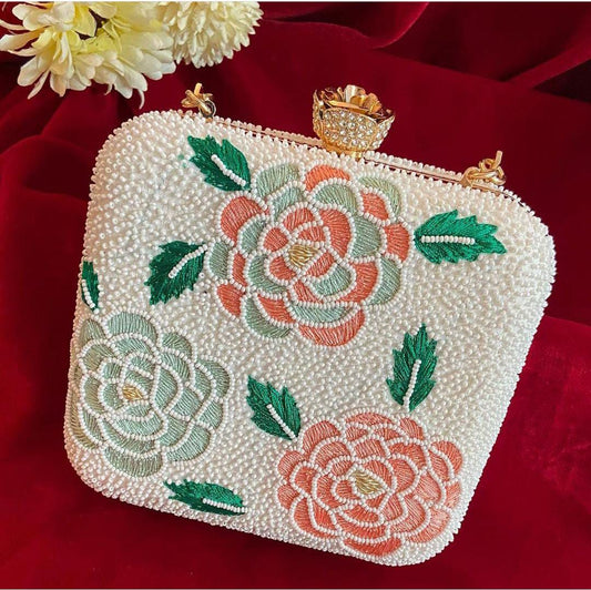 Floral design bead work box clutch with designer knob