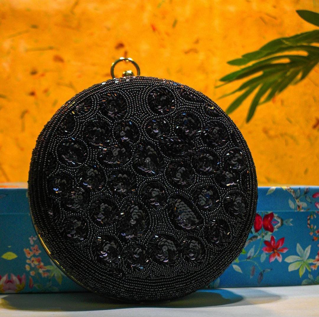 CLASSIC BLACK sequins and bead work round clutch