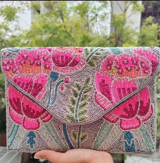 Pink and grey floral designer bead work flap bag