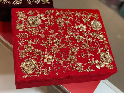 Red double rod bangle cum jewellery box with golden embroidery work