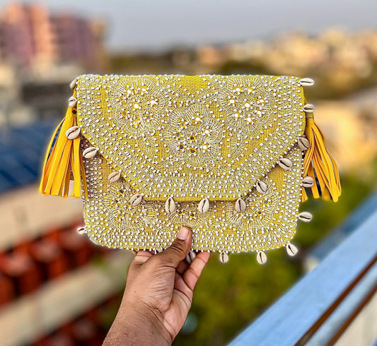 Yellow boho bag with shell work