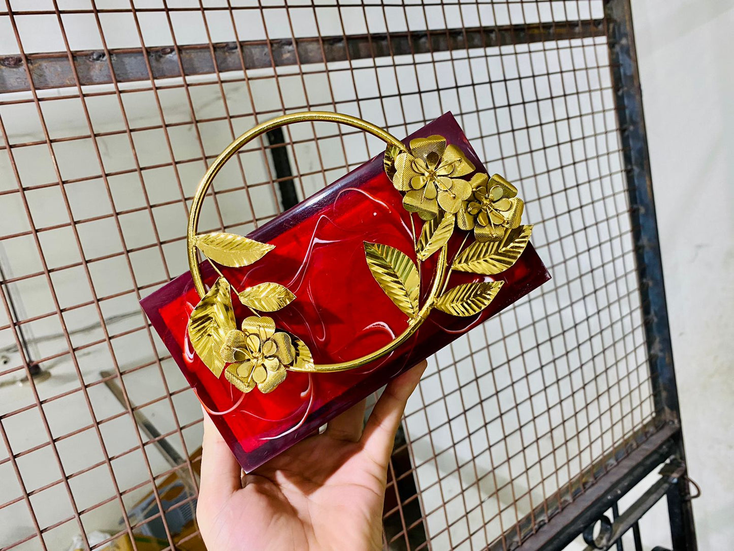 RED resin clutch with Brass handle - Designer Collection