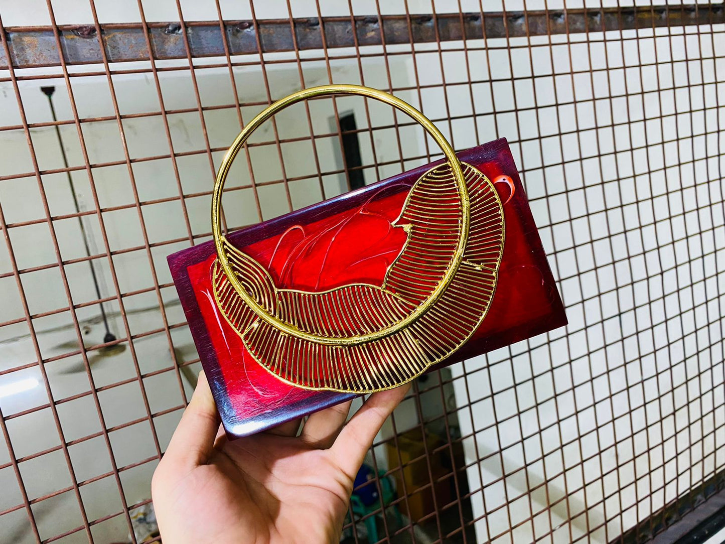 RED resin clutch with Brass handle - Designer Collection