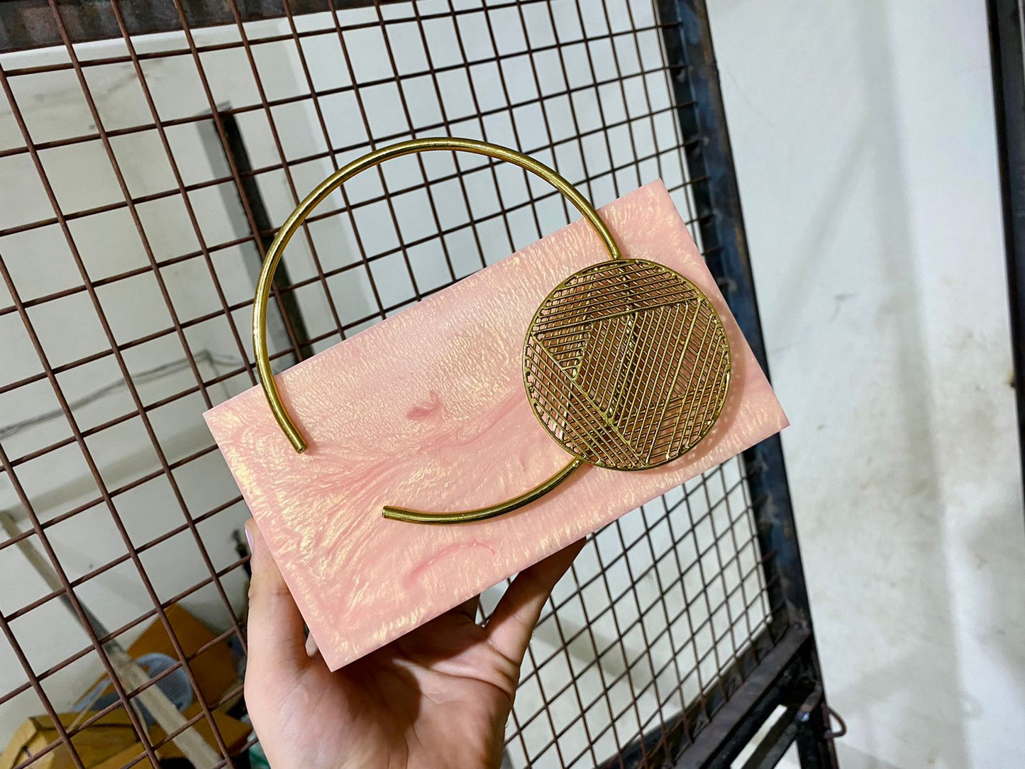 Pink/peach resin clutch with Brass handle - Designer Collection
