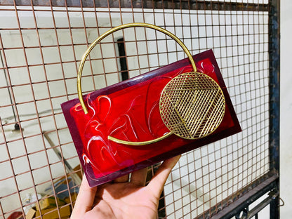 RED resin clutch with Brass handle - Designer Collection