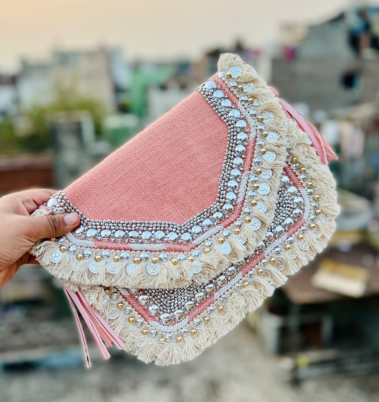 Brown banjara jute coin bag with fringes - The Classic Boho Collection