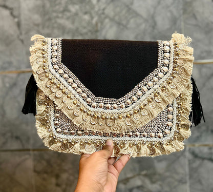 Brown banjara jute coin bag with fringes - The Classic Boho Collection