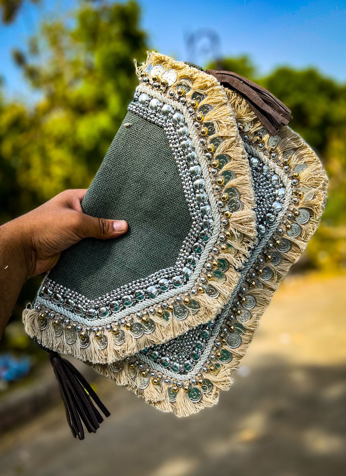 Brown banjara jute coin bag with fringes - The Classic Boho Collection