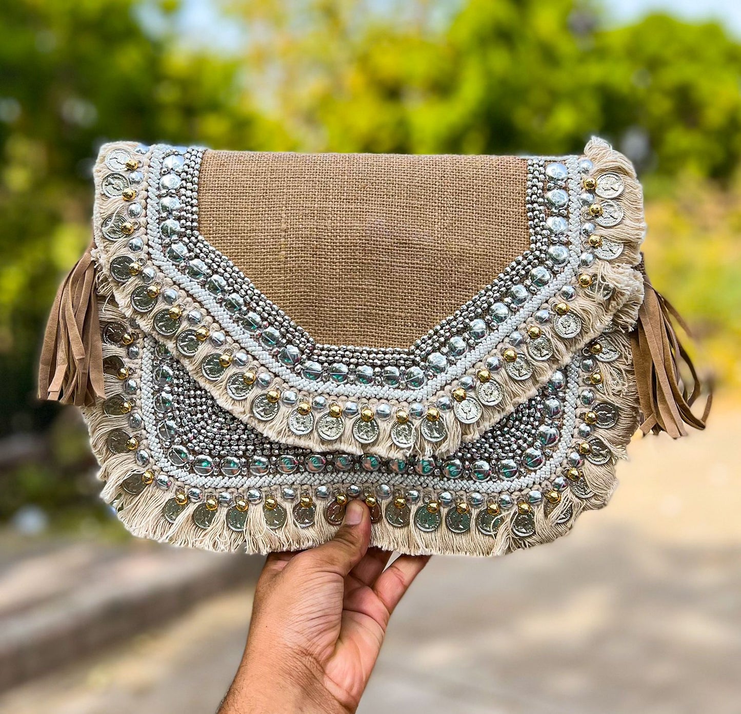 Brown banjara jute coin bag with fringes - The Classic Boho Collection