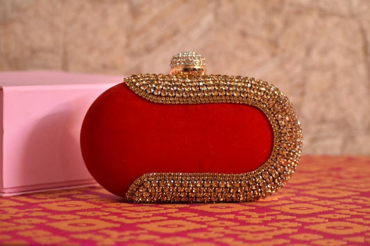 Oval shape clutch with diamond work - Red