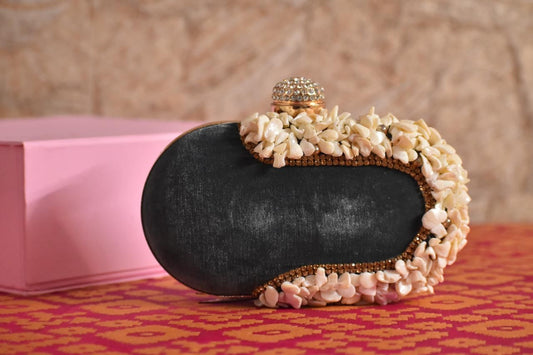 Oval shape clutch with shell work - Black