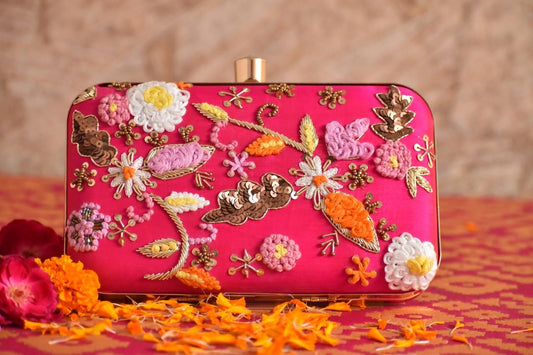 Pink floral embroidery clutch