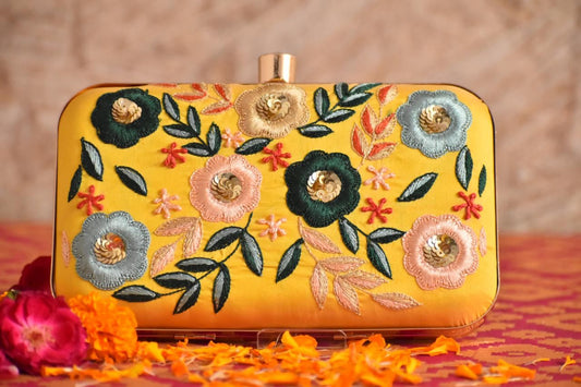 Yellow Clutch with floral multicolor embroidery work