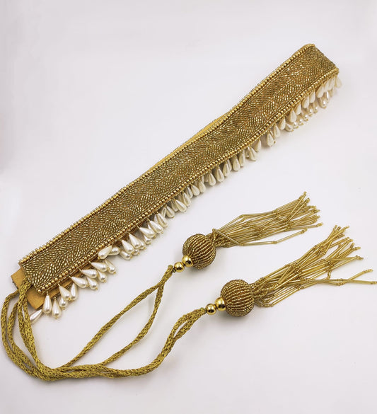 Golden waistbelt with piping and bead work