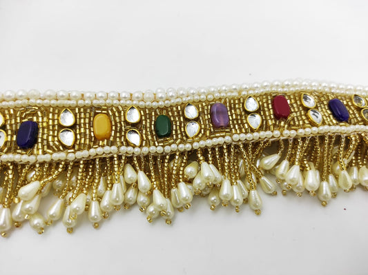 Golden waistbelt with white pearl drop dangles and multicolor stones - Heavywork