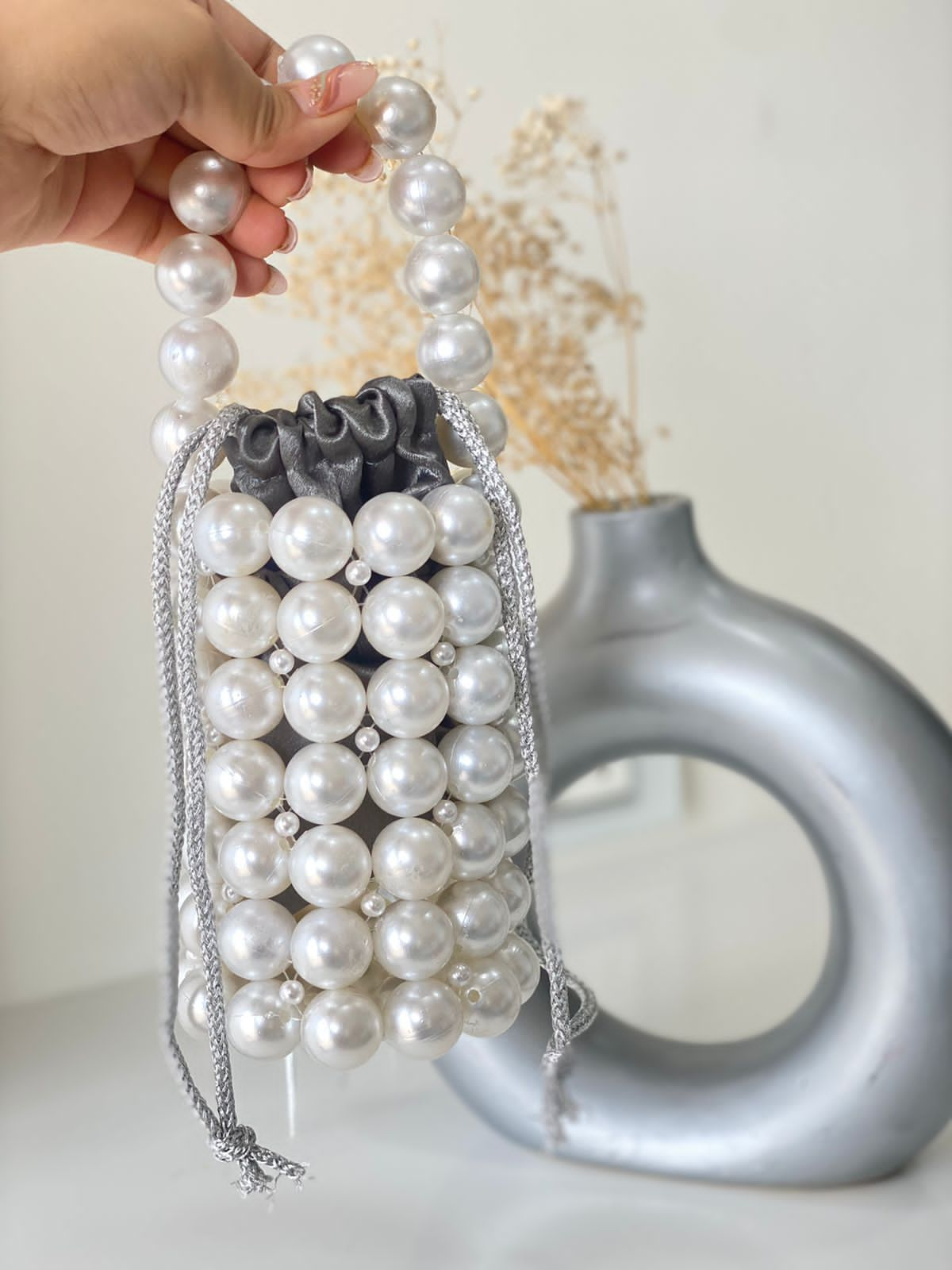 Handmade Luxury Beaded Pearl Bucket Bag - Small