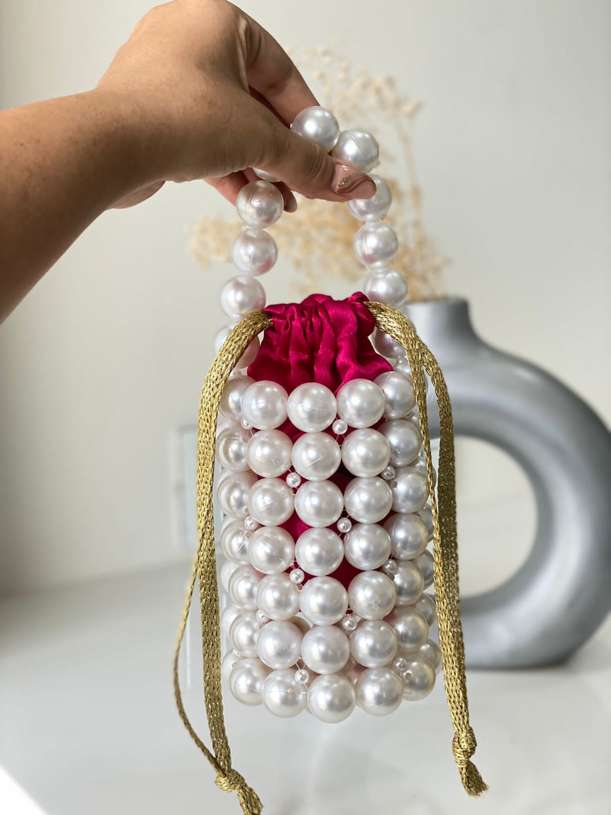 Handmade Luxury Beaded Pearl Bucket Bag - Small