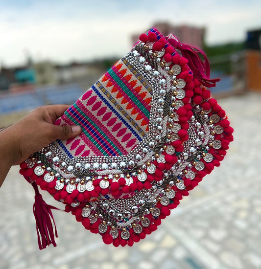 Pink boho Aztec coin bag with frills