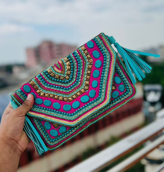 Blue boho bag with bead work