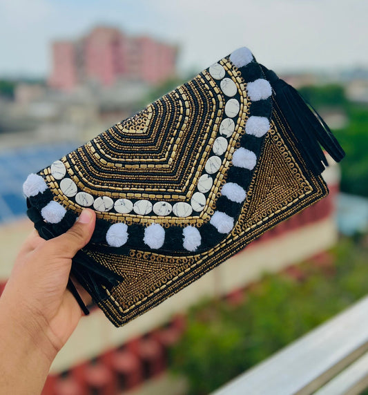 Black boho bag with bead work and tassels