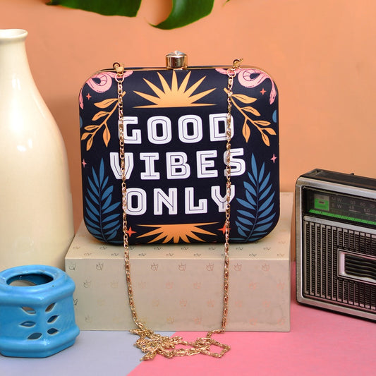 GOOD VIBES ONLY printed fabric clutch