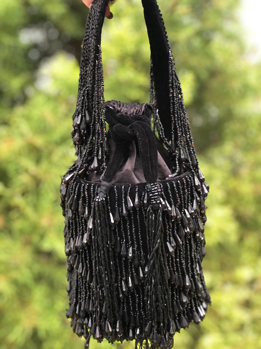 Celebrity style BLACK drawstring potli bucket bag with karadana pearl drops - EXCLUSIVE COLLECTION