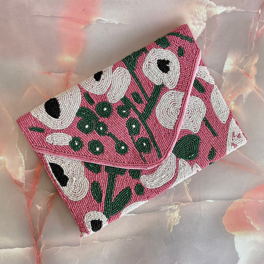 Pink floral designer Heavy Beaded clutch bag