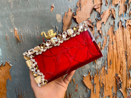 Resin clutch with designer knob and stone work - Red