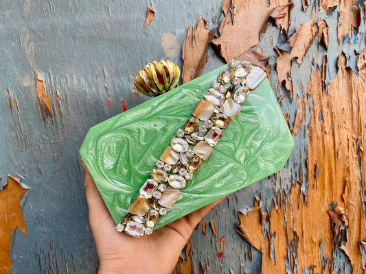 Resin clutch with designer knob and stone work - Green