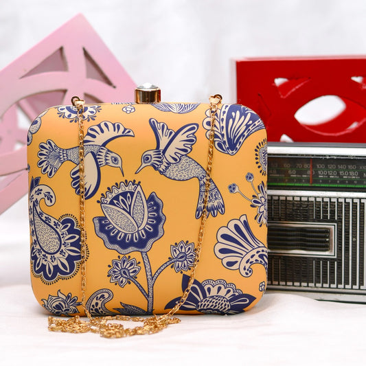 Yellow printed fabric square clutch