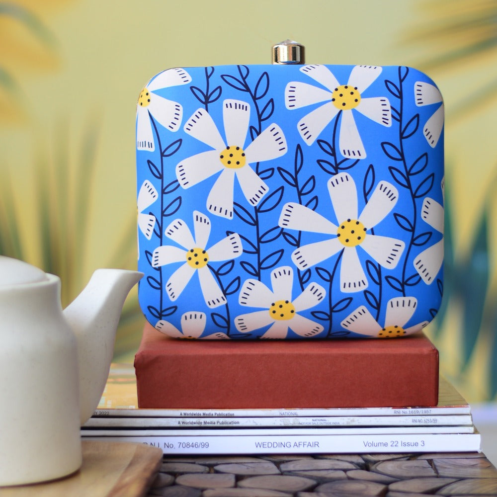 Shades of blue printed floral square clutch