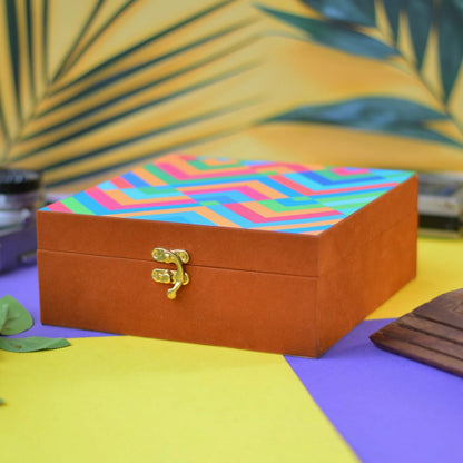 Suede printed hamper, gift, jewellery trunk box - Multi color zig zag