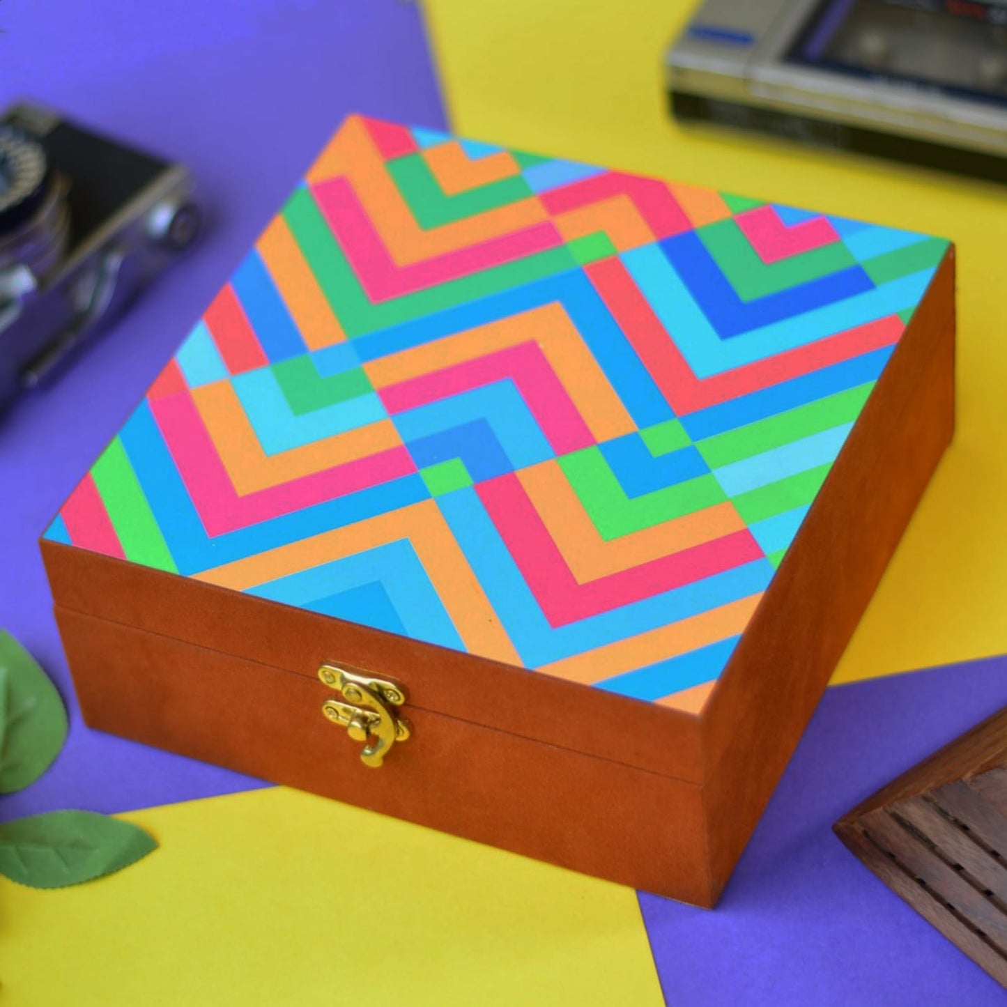 Suede printed hamper, gift, jewellery trunk box - Multi color zig zag