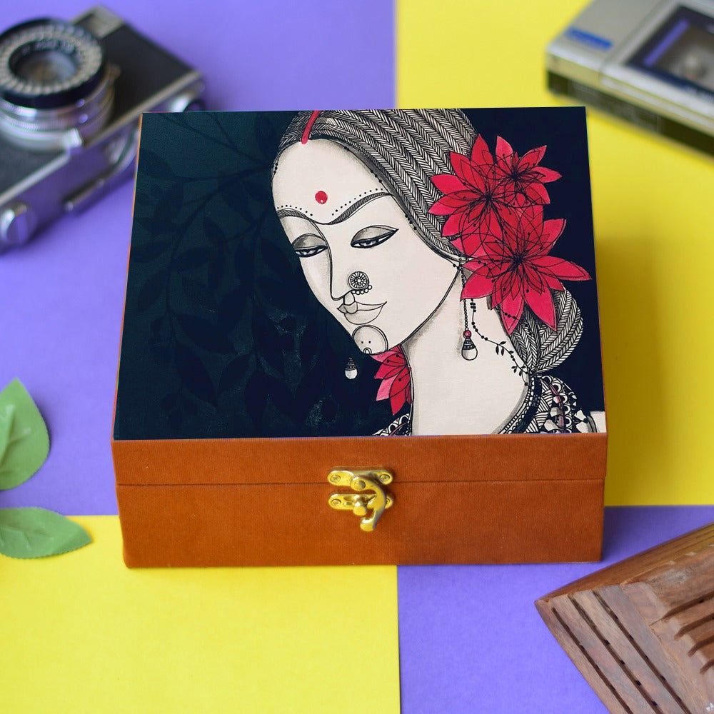 Suede printed hamper, gift, jewellery trunk box - LADY WITH FLOWER
