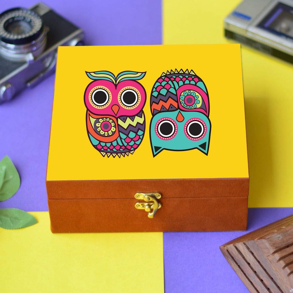 Brown suede printed hamper, gift, jewellery trunk box - OWL