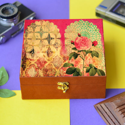 Floral suede printed hamper, gift, jewellery trunk box