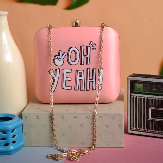 OH YEAH print fabric peach pink clutch